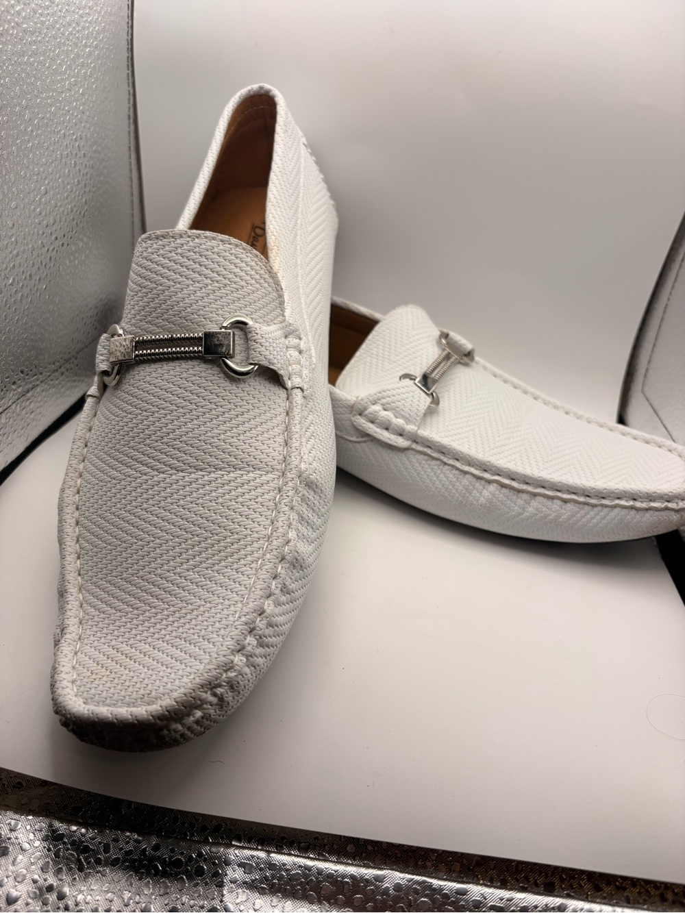 Men's White Slip-On Loafers with Silver Bit Accent